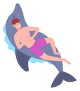 Man swimming on inflatable mattress. Cartoon pool air bed Royalty Free Stock Photo