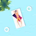 Man swimming. Summer sea guy in water. Cartoon person on mattress, summertime in pool. Vacation time, travel and relax