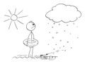 Man Swimming in Summer, Winter Cold Came Fast. Unexpected Weather Change.Vector Cartoon Stick Figure Illustration