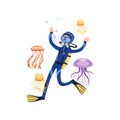 Man swimming with wonderful marine creatures. Colorful jellyfish. Cartoon scuba diver in blue wetsuit, mask, flippers Royalty Free Stock Photo