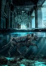 Man swims with tiger in museum portrait beauty portrait photoshoot