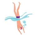 Man in swimsuit jumping into water, swimmer diving underwater in air bubbles