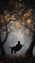 Man on a swing, in a magical fairytale ambience with golden lights and sparkles. Person relaxing in a hammock. Generative AI