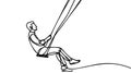 Man swinging on a swing in continuous line art drawing style. Black linear sketch isolated on white background.