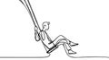 Man swinging on a swing in continuous line art drawing style. Black linear sketch isolated on white background.