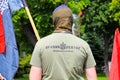 A man in a T-shirt with the coat of arms of Ukraine and the inscription in Ukrainian - Right Sector, National Liberation