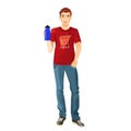 Man in t-shirt and jeans with plastic flask of water