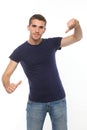 Man in t-shirt pointing fingers on himself.isolate