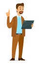 Man with tablet in his holds thumbs up, symbol of the emergence of idea. Creative decision