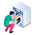 Man take clothes wash machine icon, isometric style