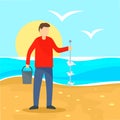 Man take garbage from sea beach background, flat style