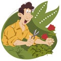 Man takes care of flowers in garden. Gardener cuts rose. Illustration for internet and mobile website