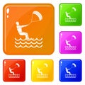 Man takes part at kitesurfing icons set vector color