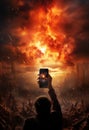 a man takes pictures of a burning city with his phone, in the style of apocalypse landscape.