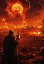 a man takes pictures of a burning city with his phone, in the style of apocalypse landscape.