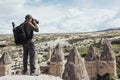 Man takes pictures of the valley love altitude mountains. Cappad Royalty Free Stock Photo