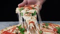 Man Takes A Piece Of Pizza With His Hand. Frame. Male Hand Takes The Slice Of Pizza With Stretchy Cheese