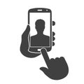 Man takes a selfie photo on smartphone. Phone in hand and click finger to take a photo. Human hand holding smartphone icon - stock Royalty Free Stock Photo