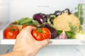 Man takes the tomato from the open refrigerator. refrigerator is full of vegetables and herbs. Healthy food