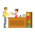 Man Taking The Books Fro The Librarian, Smiling Person In The Library Vector Illustration