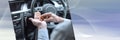 Man taking drugs before driving. panoramic banner Royalty Free Stock Photo