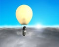 Man taking glowing lamp balloon flying over clouds