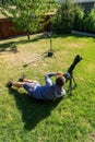 A man taking pictures of a total solar eclipse on backyard of house on August 21 2017 Royalty Free Stock Photo