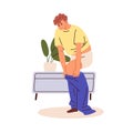 Man taking, putting on trousers, clothes, getting ready in morning. Happy person dressing jeans, pulling on pants