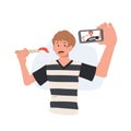 man taking selfie with food, sushi. taking picture by phone. Flat vector cartoon character illustration Royalty Free Stock Photo