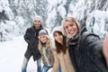 Man Taking Selfie Photo Friends Smile Snow Forest Young People Group Outdoor