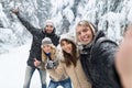 Man Taking Selfie Photo Friends Smile Snow Forest Young People Group Outdoor