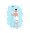 Man taking a shower in a cloud of blue steam. Isolated art on white background. Flat cartoon  illustration. Guy with a soapy Royalty Free Stock Photo