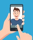 Man taking smartphone selfie portrait. Touching telephone photo cartoon vector illustration
