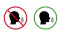 Man Talk Black Silhouette Icon Set. Forbidden Speak Zone Red Round Sign. Allowed Speak Area Shout Green Symbol. Please