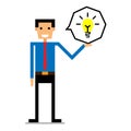 A man is talking about his idea with a smiling face and a light bulb beside him