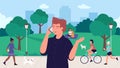 Man talking on phone in summer park, cartoon young character using smartphone for talk communication Royalty Free Stock Photo