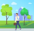 Worker Character Going on Road in Park Vector