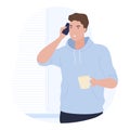 Man talking smartphone at home office window jalousie vector flat illustration