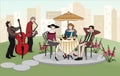 Man talking to elegant women outdoors. Summer cafe. Street musicians. Valentine's Day. Vector