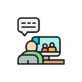 Man talking to friends on video, web conference flat color line icon. Royalty Free Stock Photo