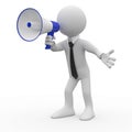 Man talking on a white and blue megaphone