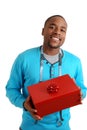 Man with tape measure and gift box Royalty Free Stock Photo