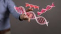 Man tapping red 3D illustrations of DNA structures - healthcare concept