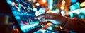 A man tapping a tablet, large touch device. Close up image of a person using fintech software.
