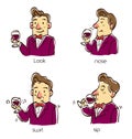 A man taste wine in four steps method.