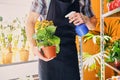 A man watering flowers in a pot. Royalty Free Stock Photo