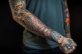 A man with tattoos on his arms. Generative AI Royalty Free Stock Photo