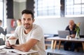 Man, tea and freelancer portrait in coffee shop, ideas and planning for startup company in cafe. Male person, latte and Royalty Free Stock Photo