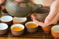 Man Tea Master Host Pouring Tea into Cup from Pot at Ceremony. Chinese Japanese Set on Bamboo Wooden Tray. Freshly Brewed Beverage