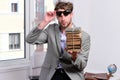 Man or teacher with bristle and confident face in sunglasses. Royalty Free Stock Photo